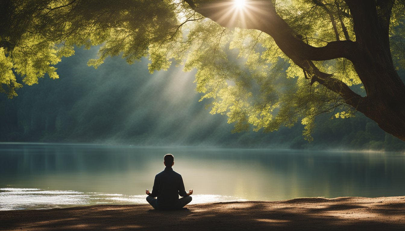 A serene natural setting with a person in meditation, surrounded by calming elements like water, trees, and sunlight