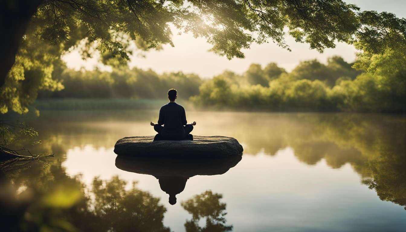 A serene landscape with a figure meditating amidst nature, surrounded by calm and tranquility