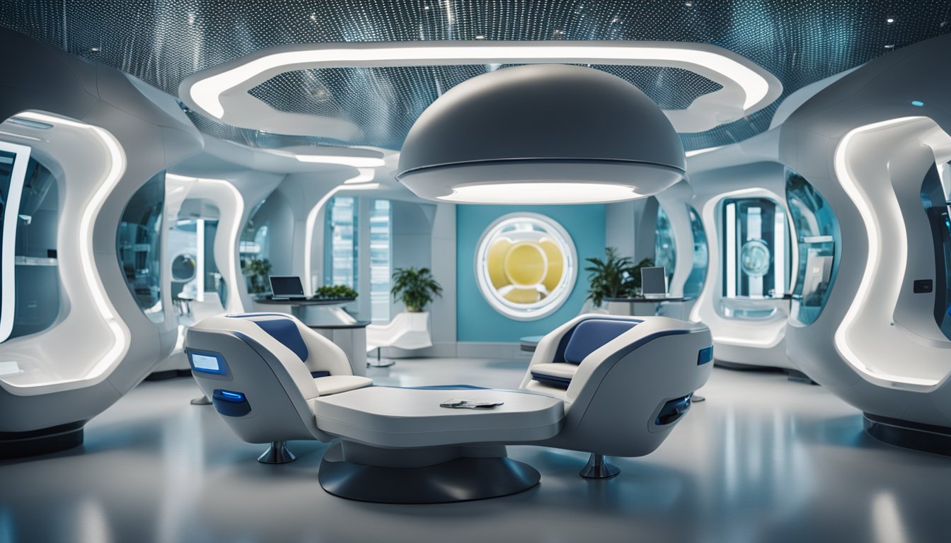 A futuristic clinic with personalized treatment pods and advanced technology for addiction therapy