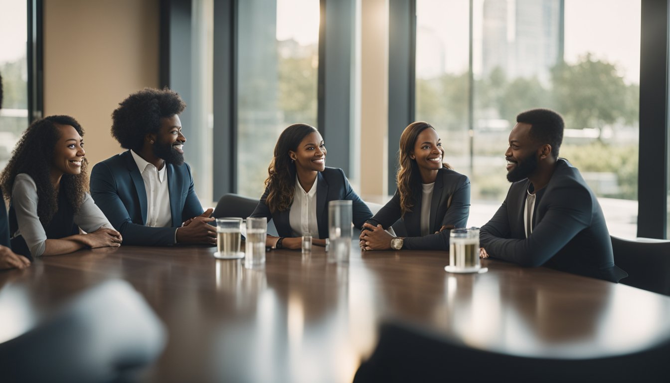 A group of diverse individuals engaging in a discussion about personalized addiction treatment in a modern, well-lit conference room