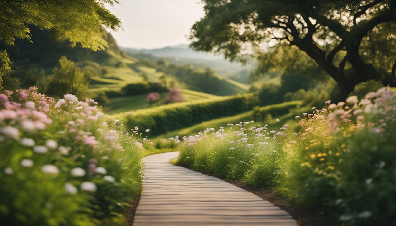 A serene nature scene with a winding path leading to a bright, open horizon, surrounded by lush greenery and blooming flowers