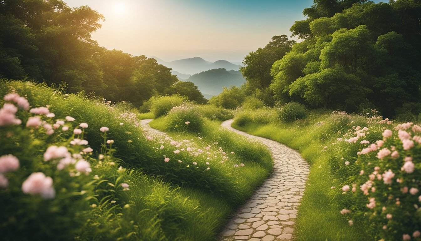 A serene landscape with a winding path leading towards a bright horizon, surrounded by lush greenery and blooming flowers