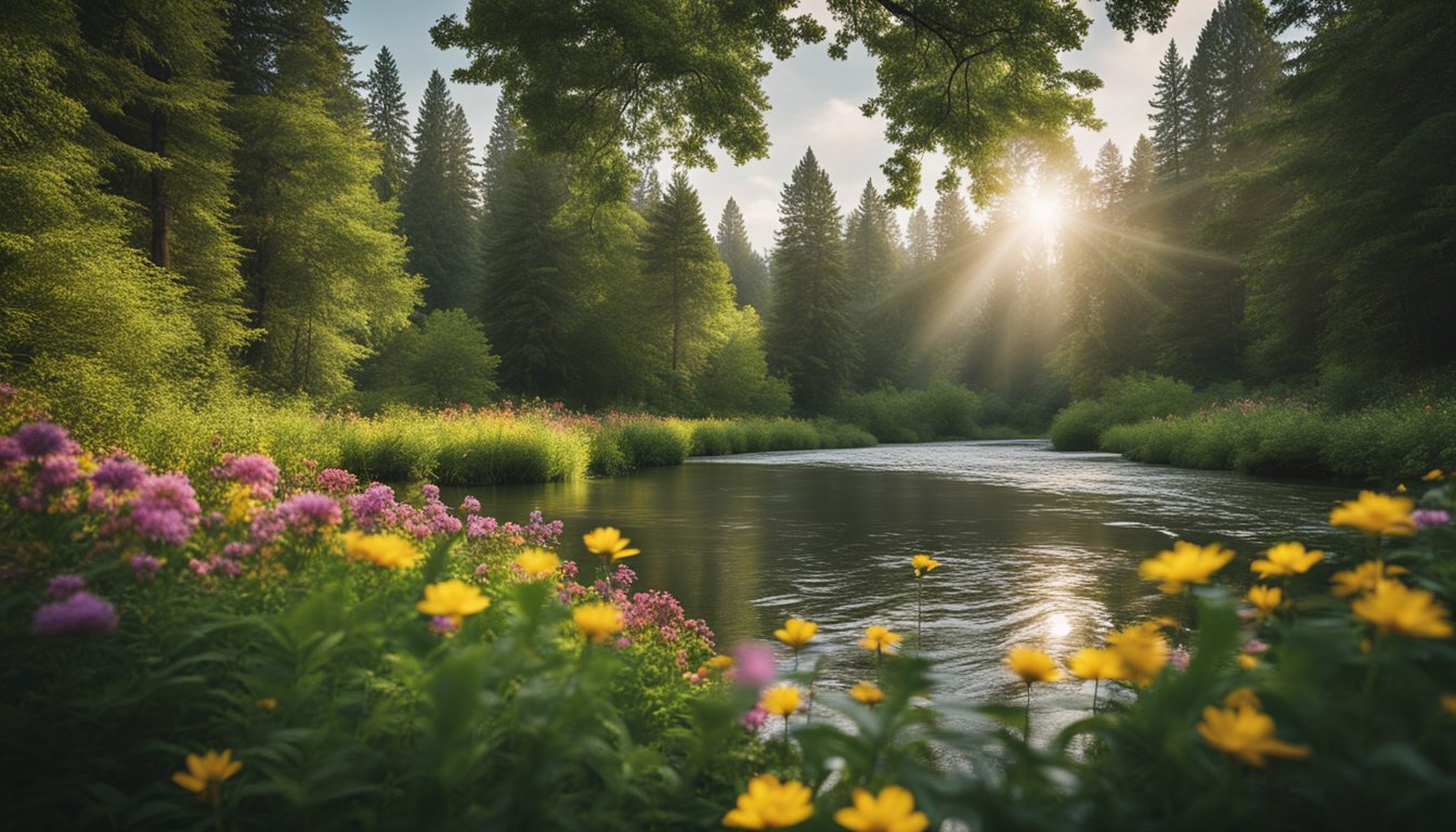 A serene nature scene with a peaceful river flowing through a lush forest, surrounded by tall trees and colorful flowers. A tranquil setting for stress management