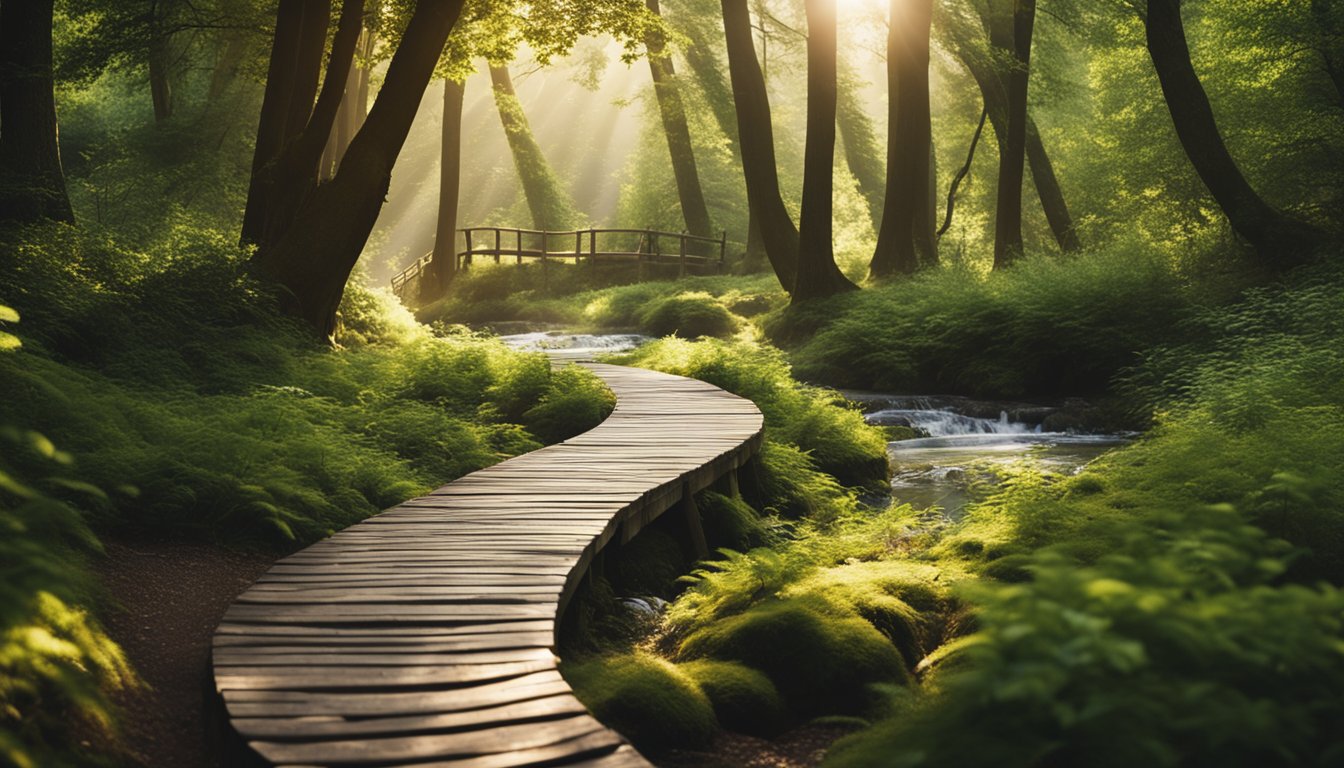 A serene nature scene with a winding path through a peaceful forest, sunlight filtering through the trees, and a tranquil stream flowing nearby