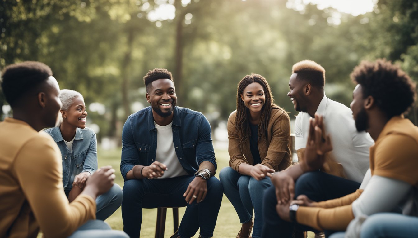 A group of diverse individuals engage in conversation and activities, forming connections and supporting each other in their journey towards recovery