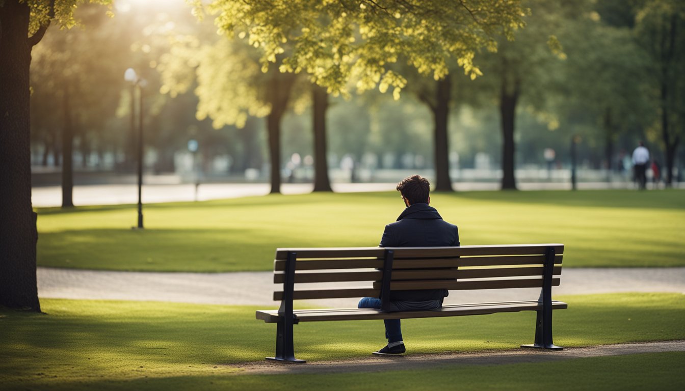 A person sitting alone on a park bench, surrounded by empty space, looking contemplative and lost in thought