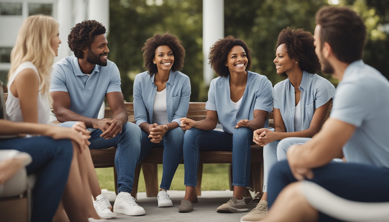 A family sitting in a circle, engaging in a group therapy session with a counselor. The counselor is leading a discussion about addiction recovery strategies