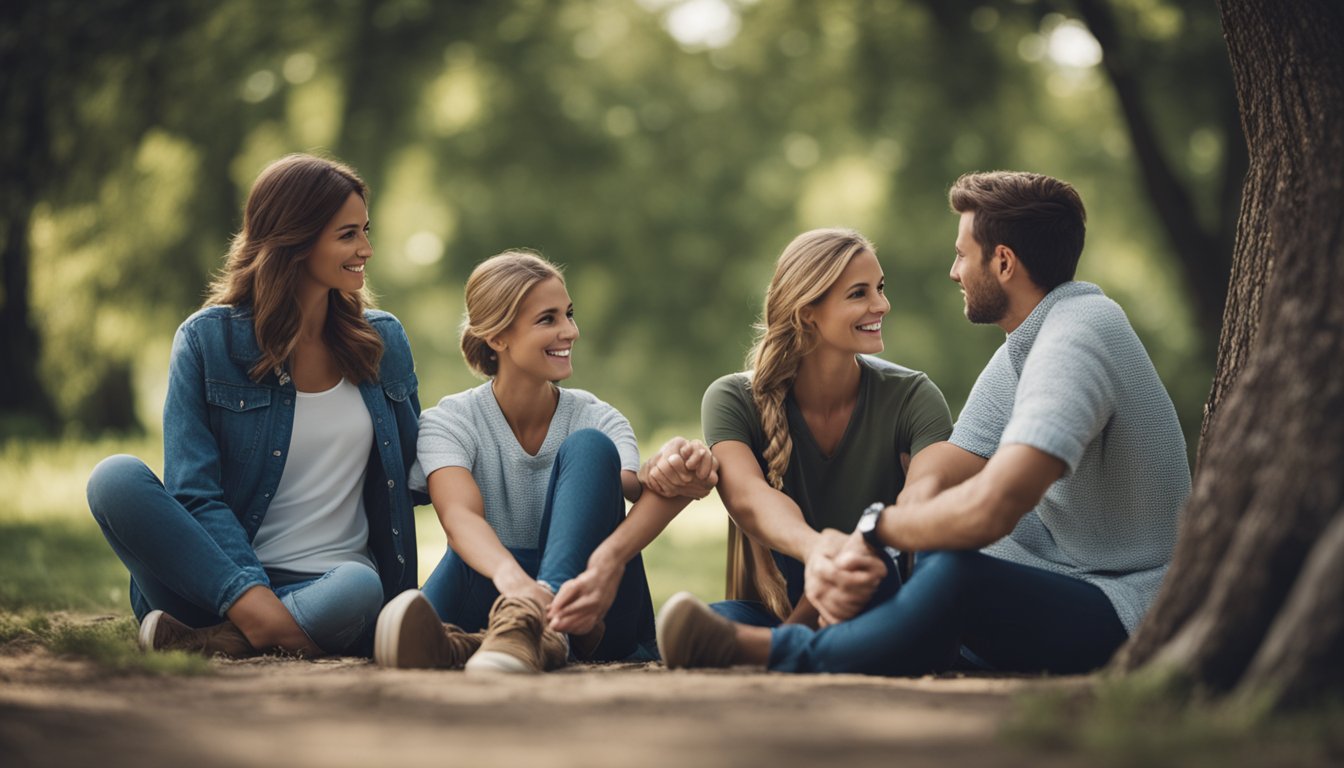 A family sitting in a circle, holding hands, with a sense of support and understanding as they discuss addiction recovery