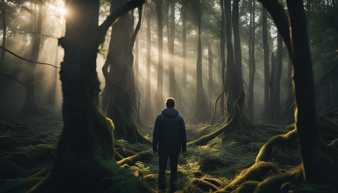 A person standing in a dark forest, surrounded by tangled roots and twisted trees, with a beam of light breaking through the dense foliage