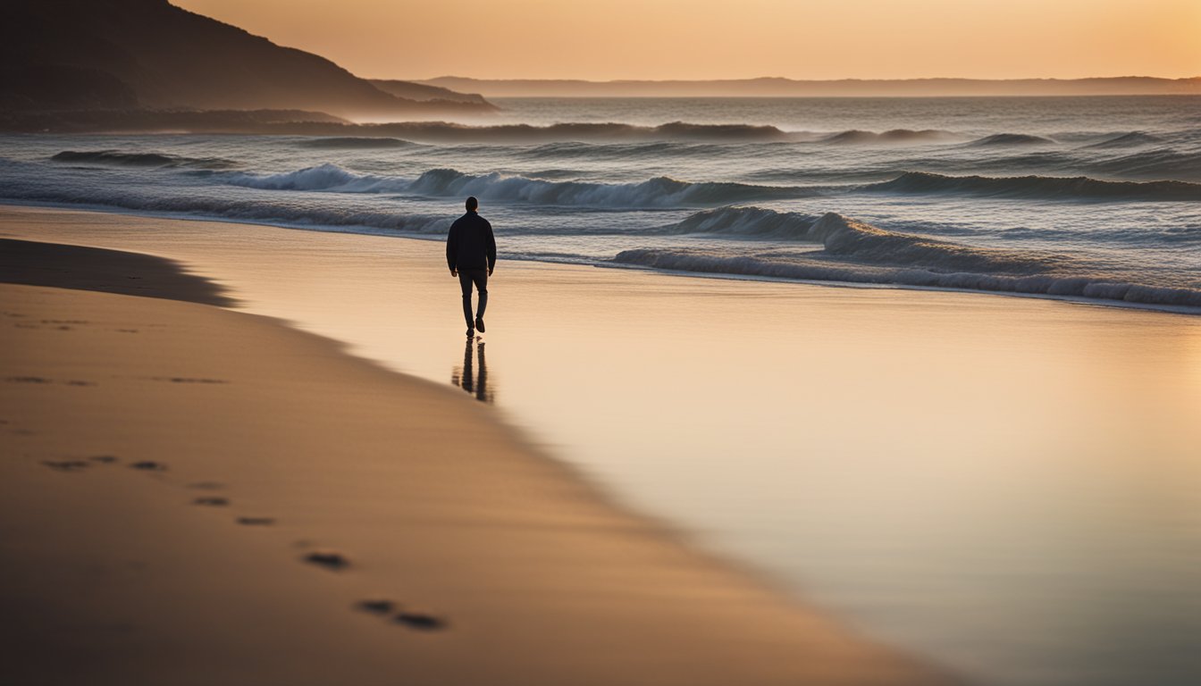 A serene beach at sunset, with calm waves and a lone figure walking along the shore, symbolizing the journey of managing triggers and cravings during recovery