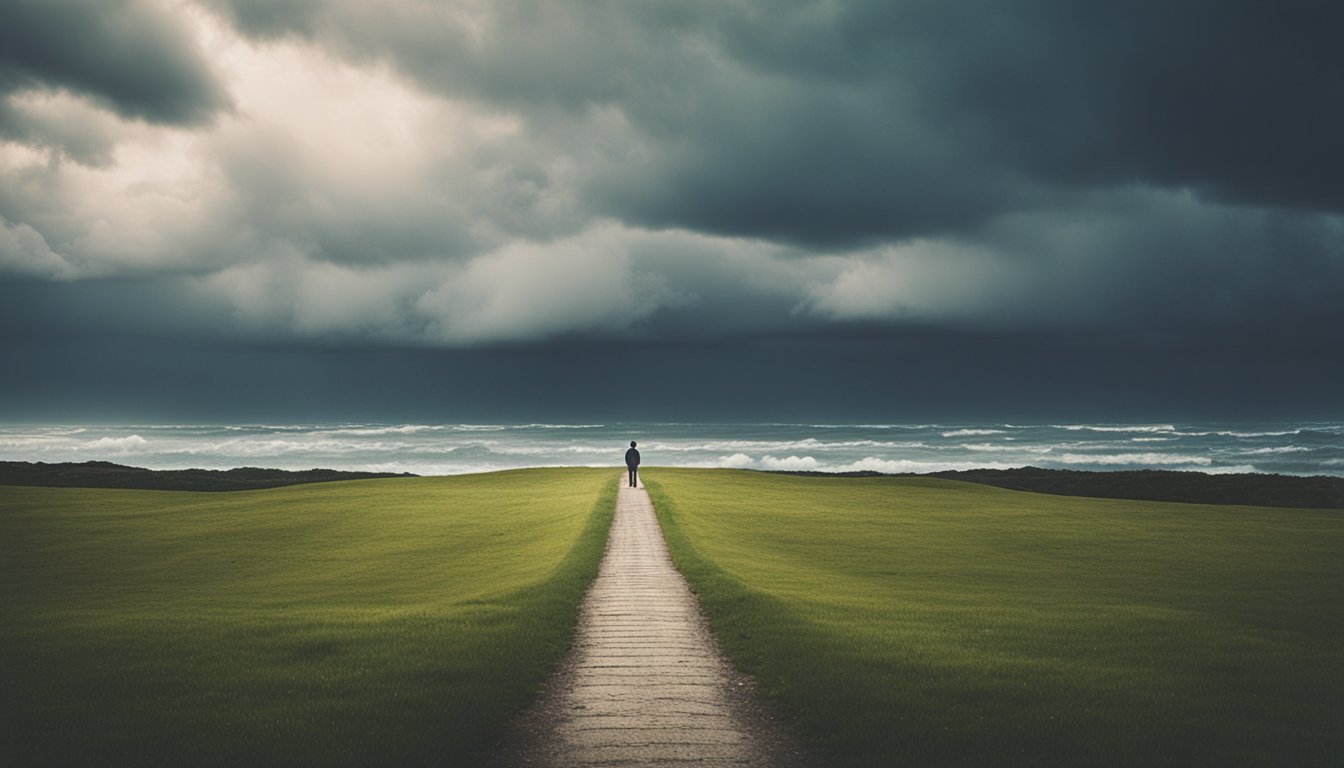 A person standing at a crossroads, with one path leading to a stormy sea and the other to a peaceful meadow