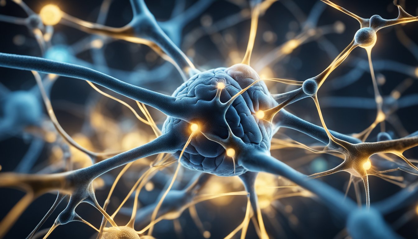 A network of neurons firing in the brain, with dopamine and serotonin molecules interacting in the synapses