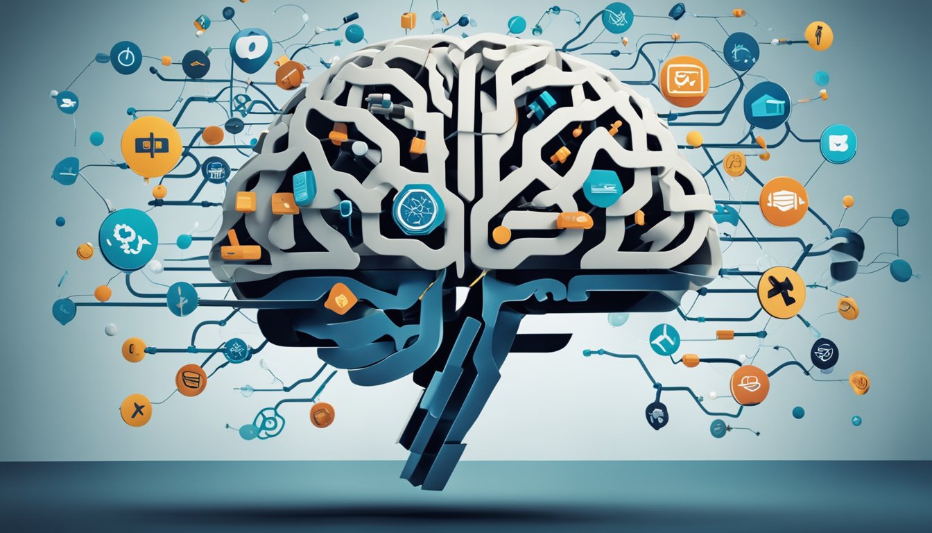 A brain with swirling, tangled pathways representing addiction's impact, surrounded by various treatment approaches in the form of arrows, pills, therapy symbols, and support networks