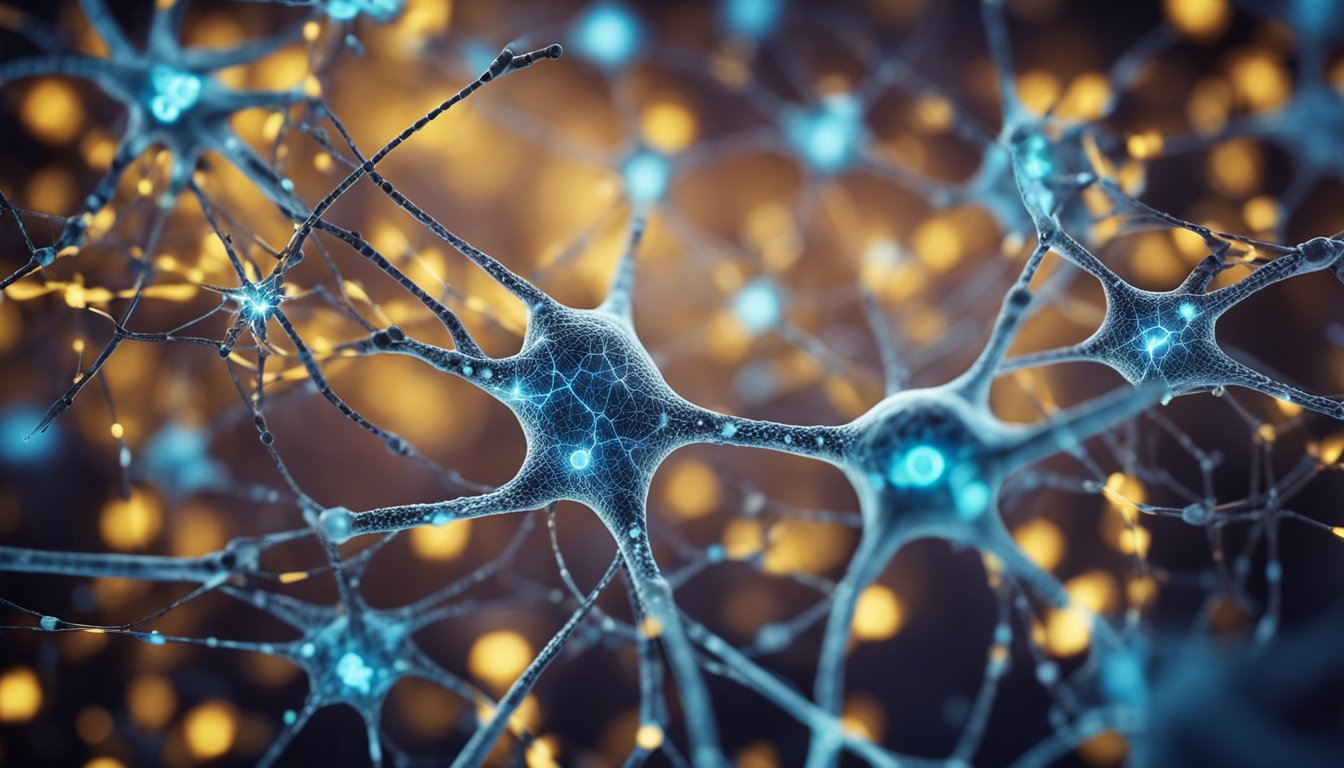 A tangled web of colorful neurons and neurotransmitters, with dopamine receptors highlighted, illustrating the impact of addiction on brain chemistry