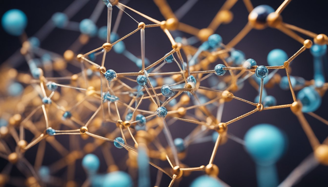 A tangled web of DNA strands intertwining with syringes and pills, symbolizing the complex relationship between genetic factors and addiction