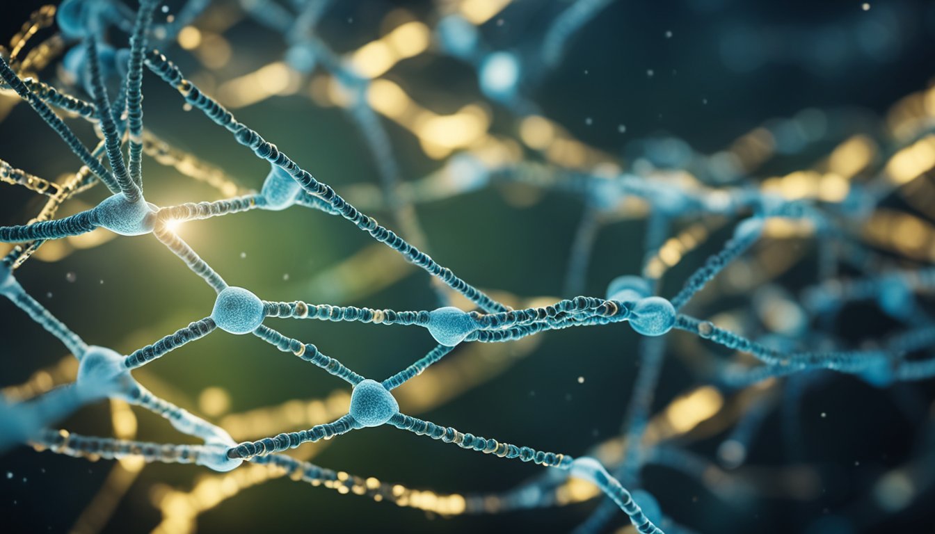 A tangled web of DNA strands intertwining with various environmental elements, symbolizing the complex interplay between genetic and environmental factors in addiction