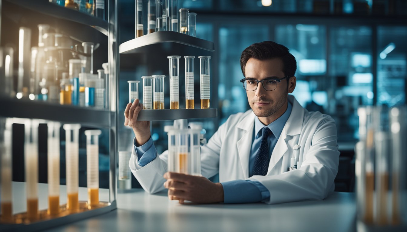 A scientist surrounded by test tubes and genetic charts, studying the impact of genetic factors on addiction