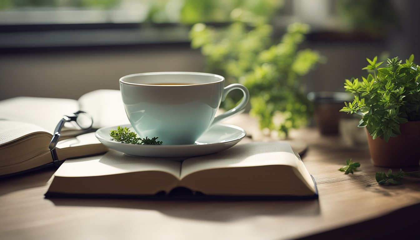 A serene morning scene with a cup of herbal tea, a journal, and a potted plant on a clean, clutter-free table