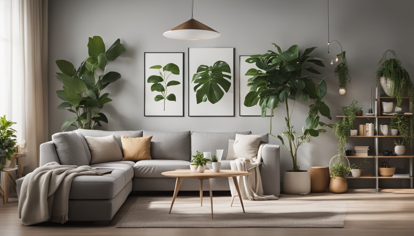 A cozy living room with plants, books, and a yoga mat. A calendar with daily routines hangs on the wall