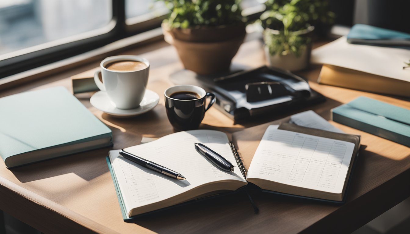 A serene, clutter-free desk with a neatly organized planner, a fresh pot of coffee, and a cozy reading nook with a stack of self-help books