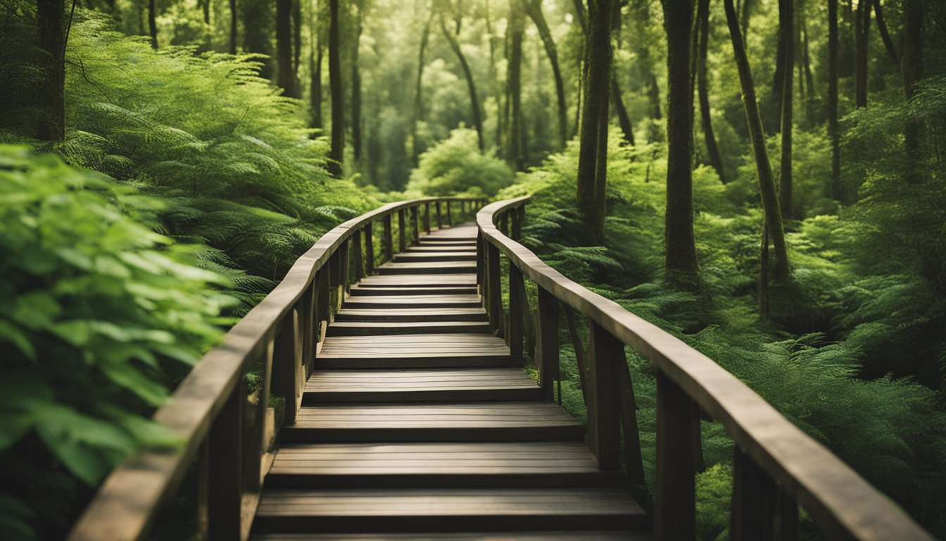 A serene, winding path through a lush forest, with a bridge symbolizing the journey of rebuilding trust in addiction recovery