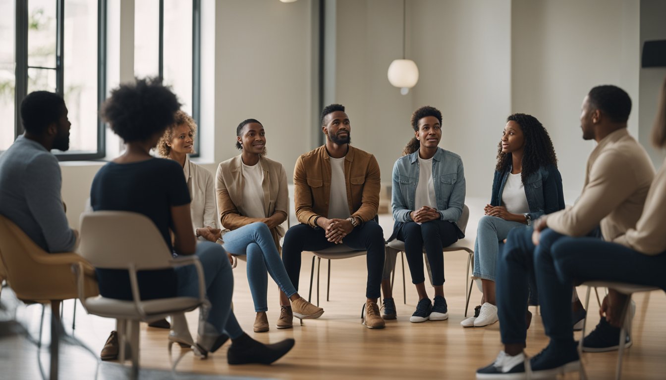 A group of people sitting in a circle, engaging in a discussion about rebuilding trust in addiction recovery. A facilitator leads the conversation while others listen attentively