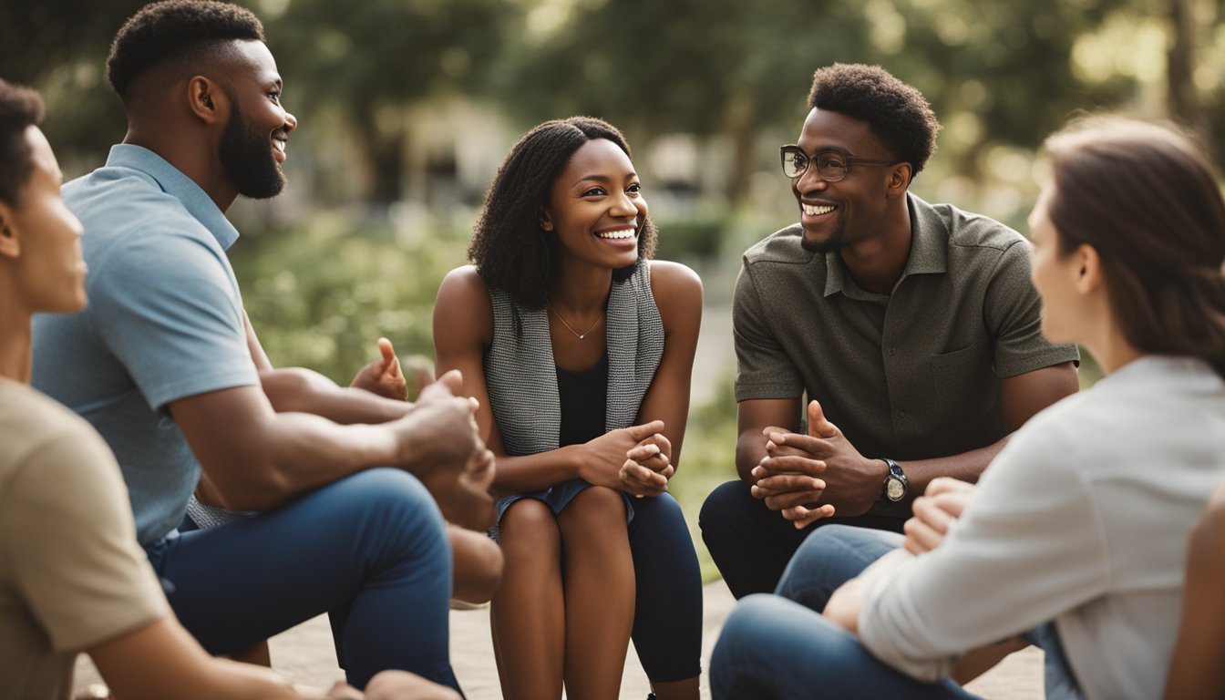 A group of diverse individuals engage in a supportive circle, sharing experiences and offering encouragement in a tranquil outdoor setting