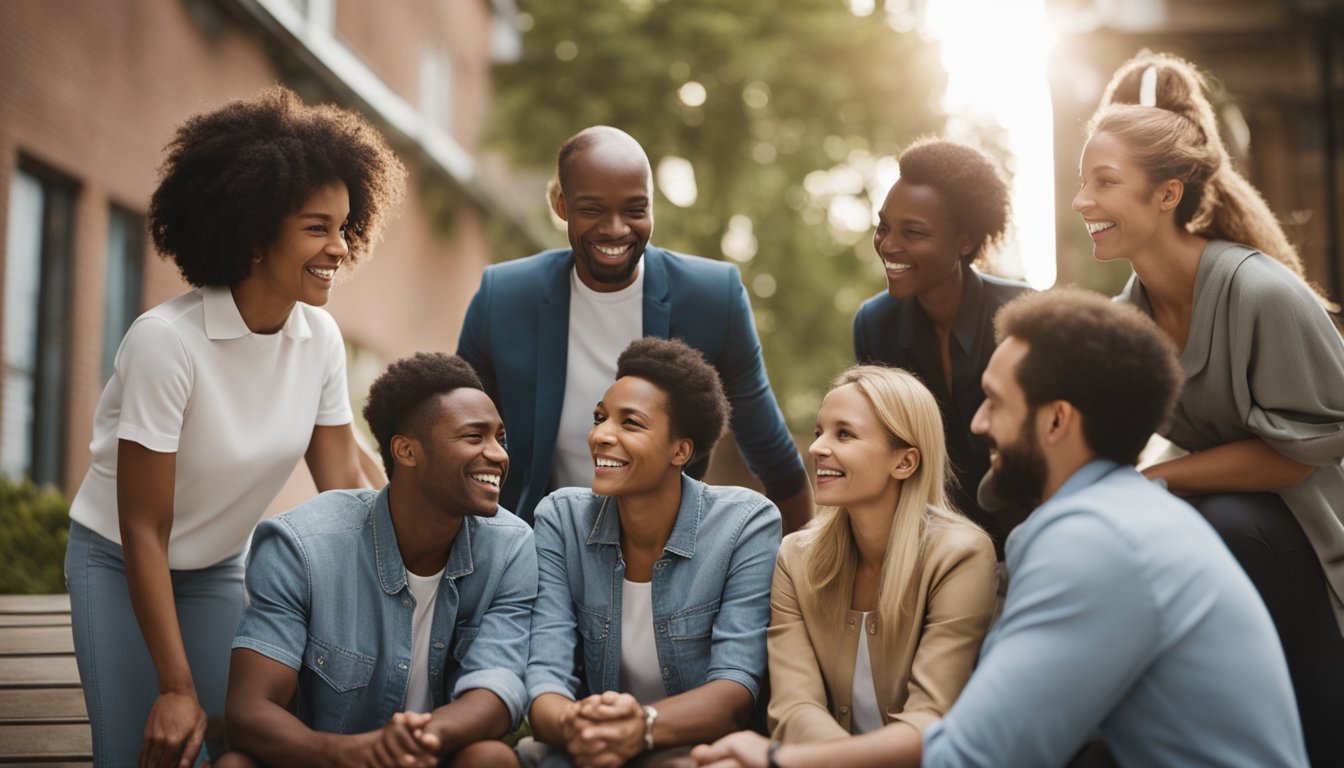 A group of diverse individuals engage in open and honest communication, showing empathy and support for one another. A serene and welcoming environment promotes trust and connection