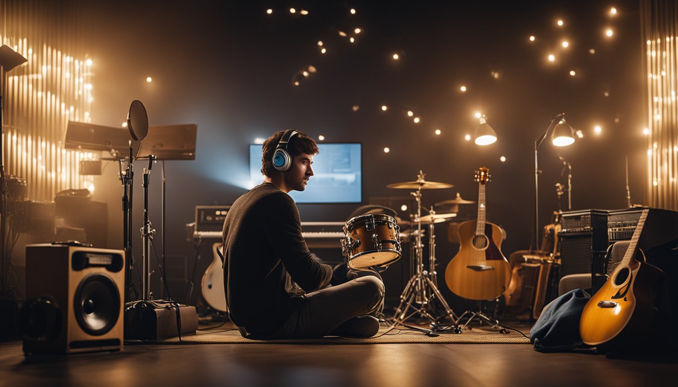 A person sitting alone in a dimly lit room, surrounded by musical instruments and listening to calming music through headphones