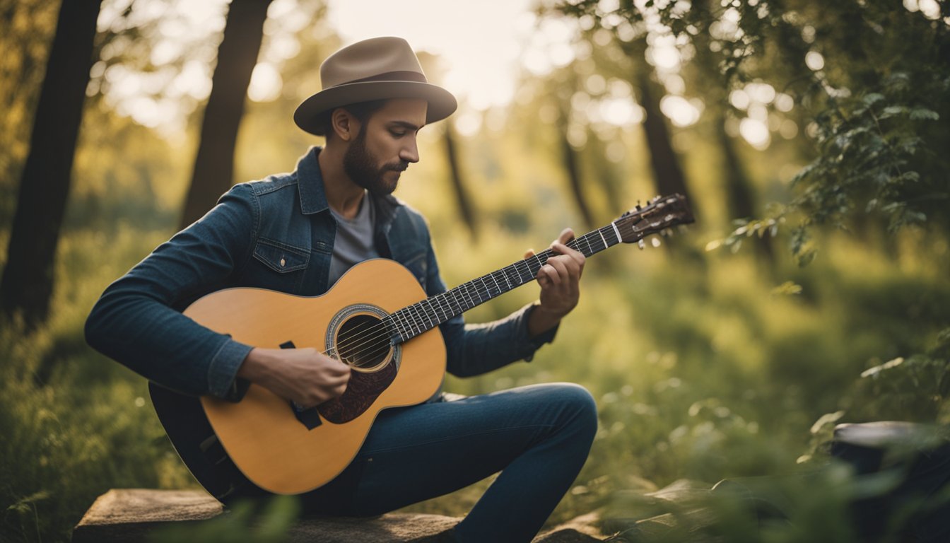 A person playing a guitar while surrounded by musical instruments and nature, with a sense of calm and peace