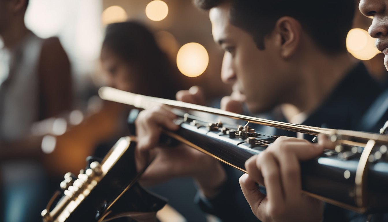 A person playing a musical instrument while surrounded by a supportive community