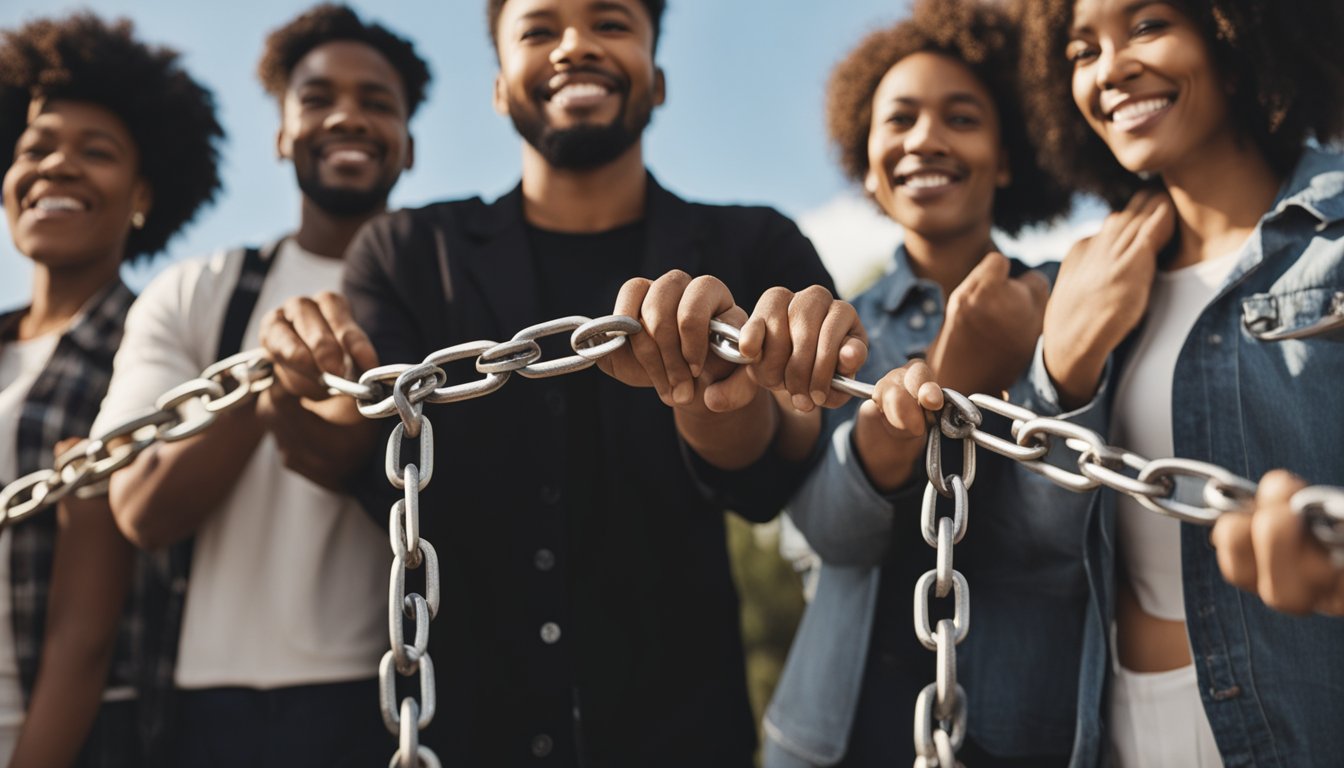 A group of diverse individuals stand together, breaking chains and tearing down barriers symbolizing the fight against mental health stigma