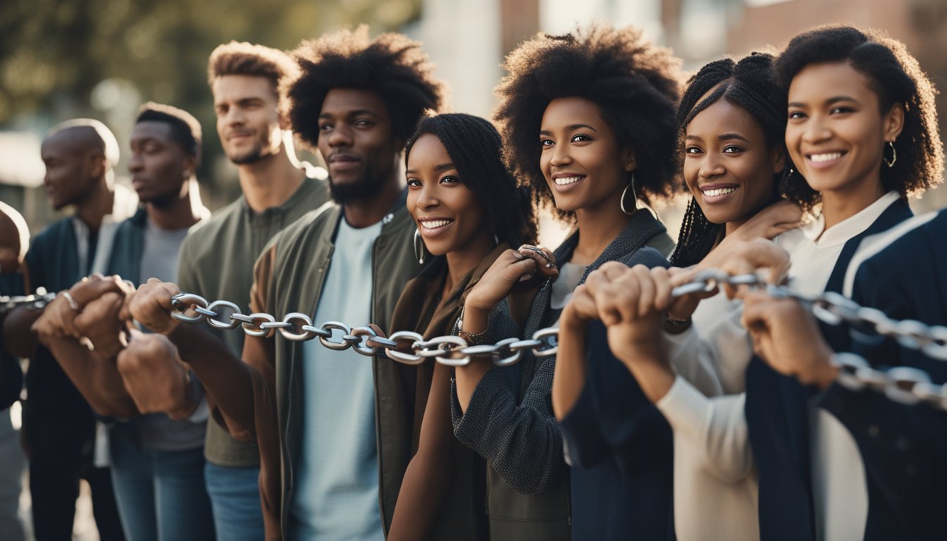 A group of diverse individuals stand together, breaking chains and tearing down barriers symbolizing the fight against mental health stigma