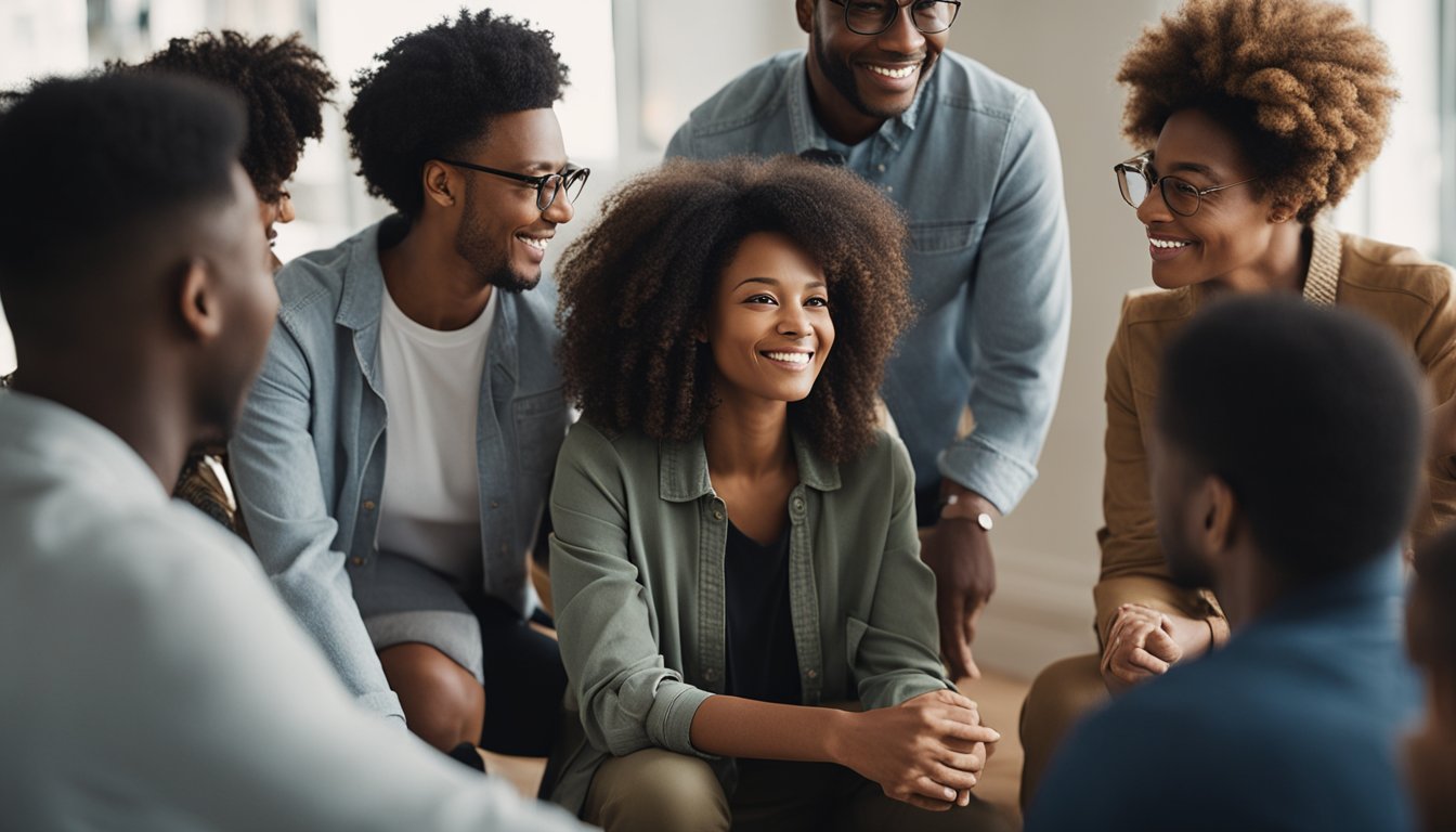 A diverse group of people gathering in a supportive circle, sharing personal stories and resources to combat stigma in mental health recovery