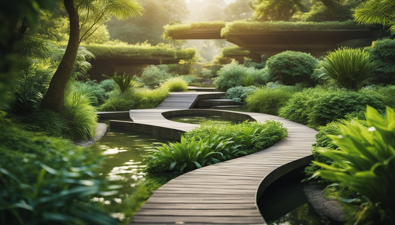 A serene landscape with intertwining paths leading to a central point, surrounded by vibrant greenery and calming water features