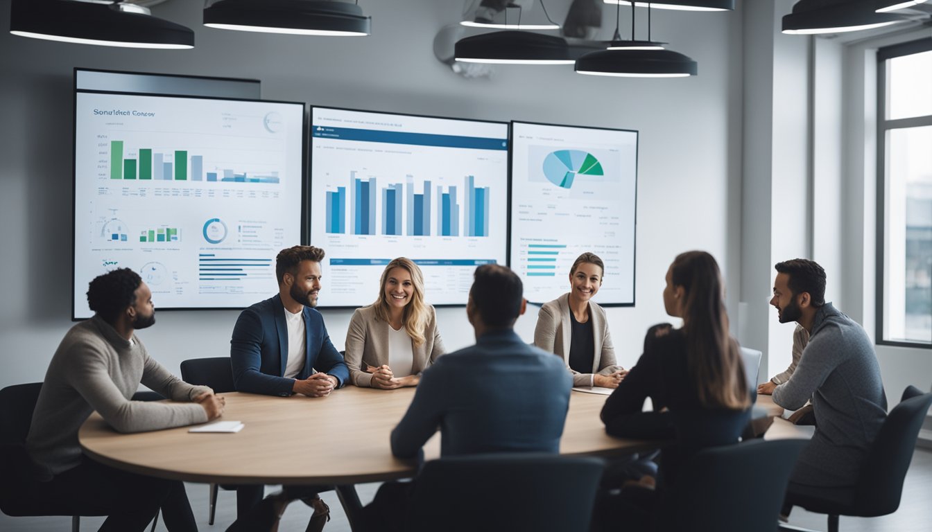 A group of people gathered around a table, discussing mental health and addiction recovery trends, with charts and graphs displayed on a screen