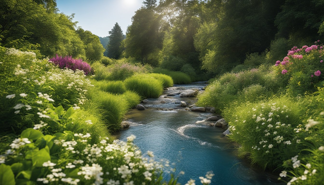 A serene landscape with a peaceful stream, surrounded by lush greenery and colorful flowers, with a clear blue sky overhead