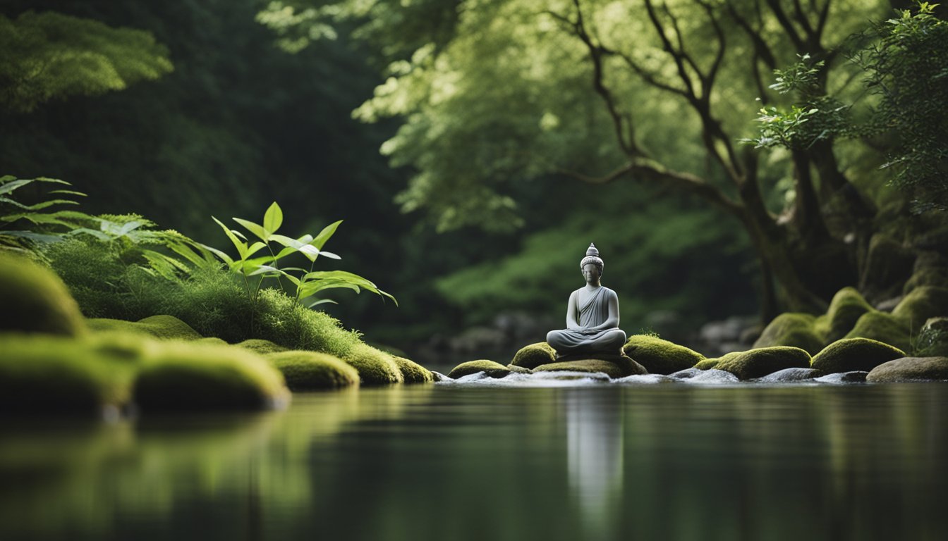 A serene figure meditates in a peaceful natural setting, surrounded by calming elements like flowing water and gentle greenery