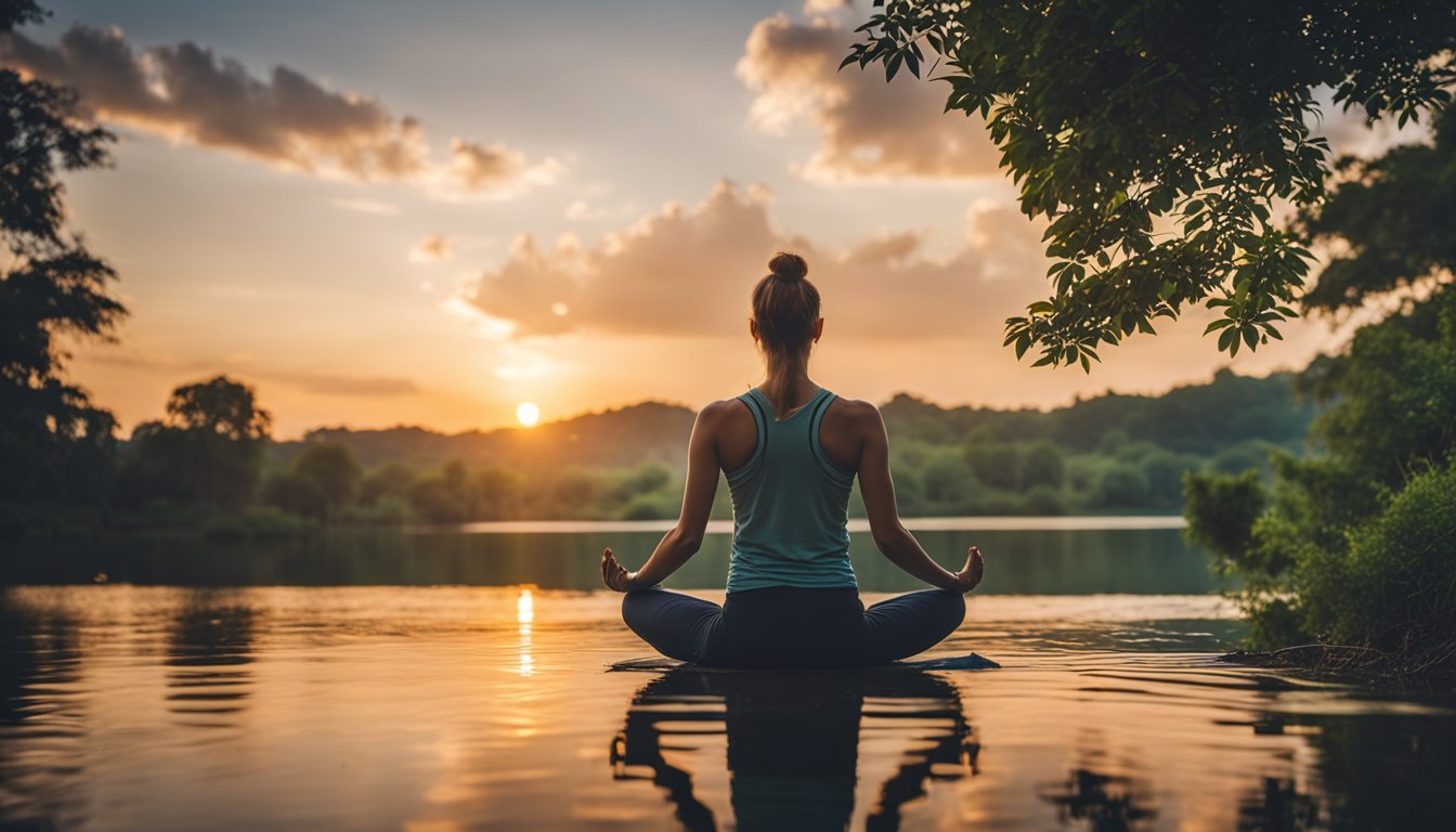 A serene landscape with a winding river, lush greenery, and a vibrant sunset sky. A figure practices yoga or meditation by the water