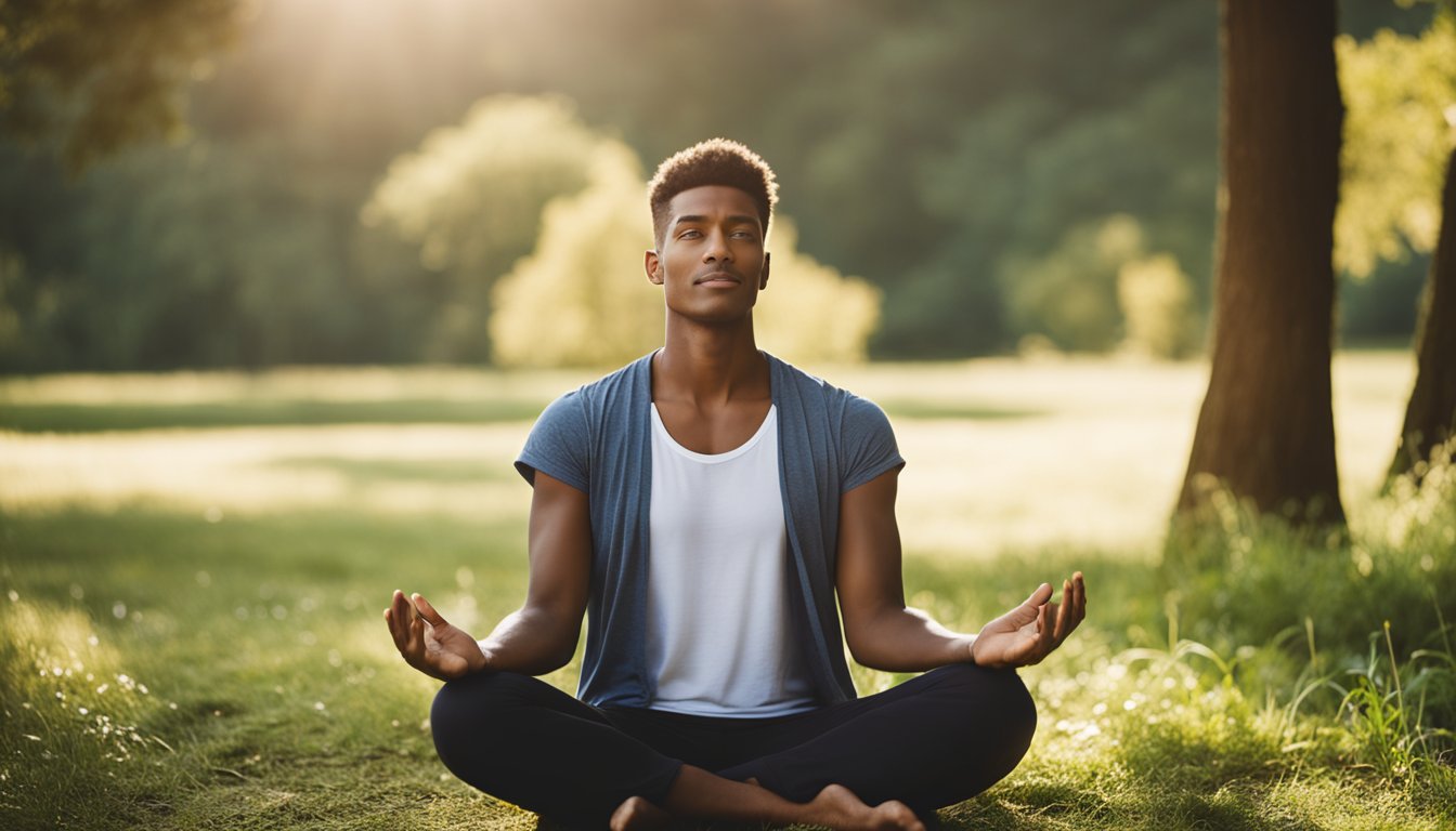 A person sitting in a peaceful outdoor setting, surrounded by nature, with a serene expression on their face as they engage in stress-relieving activities such as meditation or yoga