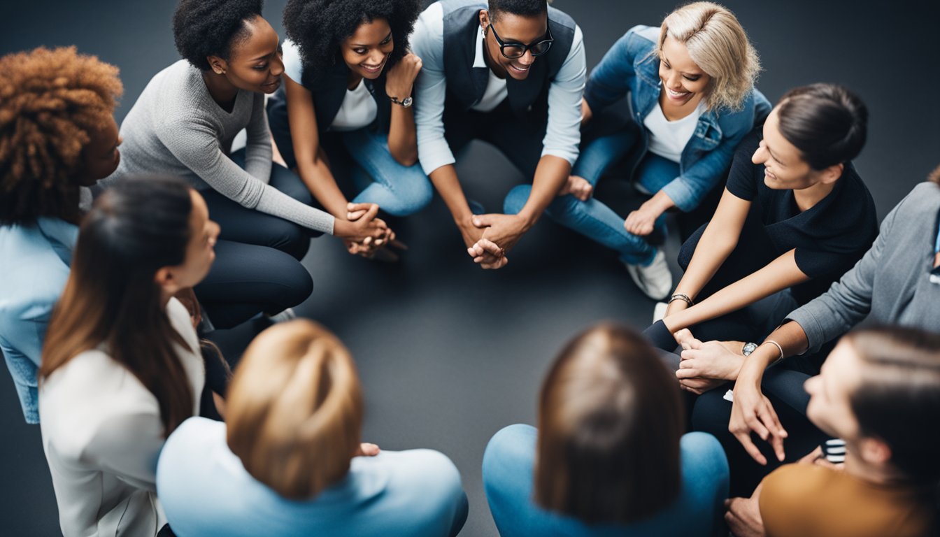 A group of diverse individuals gather in a circle, engaged in a discussion about addiction treatment and support strategies. A sense of collaboration and exploration is evident in the scene