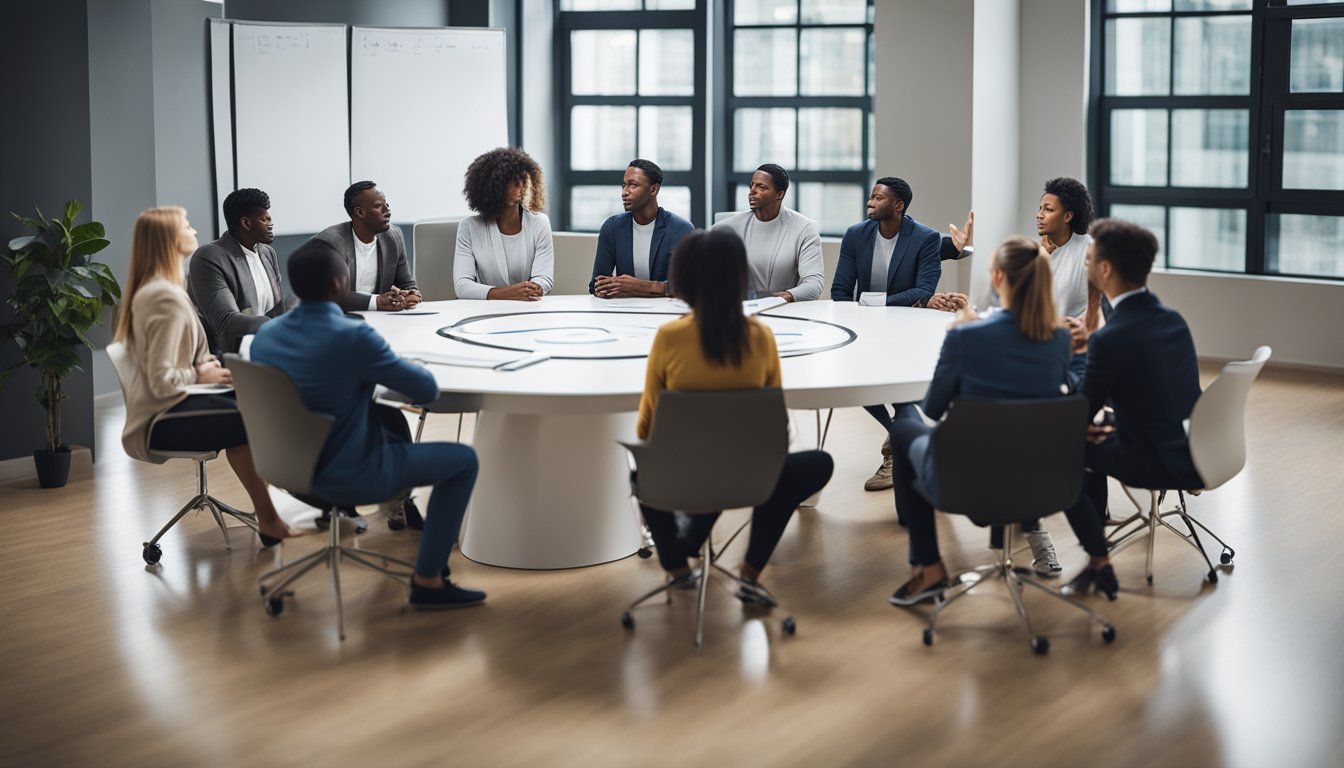 A group of diverse individuals sit in a circle, engaged in deep discussion. A whiteboard displays various approaches to overcoming addiction