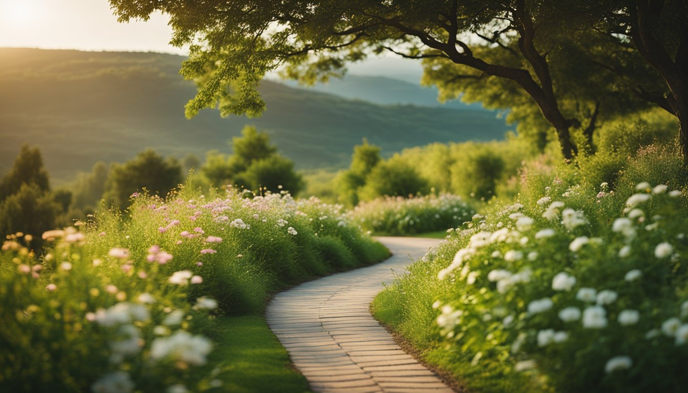 A serene landscape with a winding path leading towards a bright, hopeful horizon, surrounded by lush greenery and blooming flowers