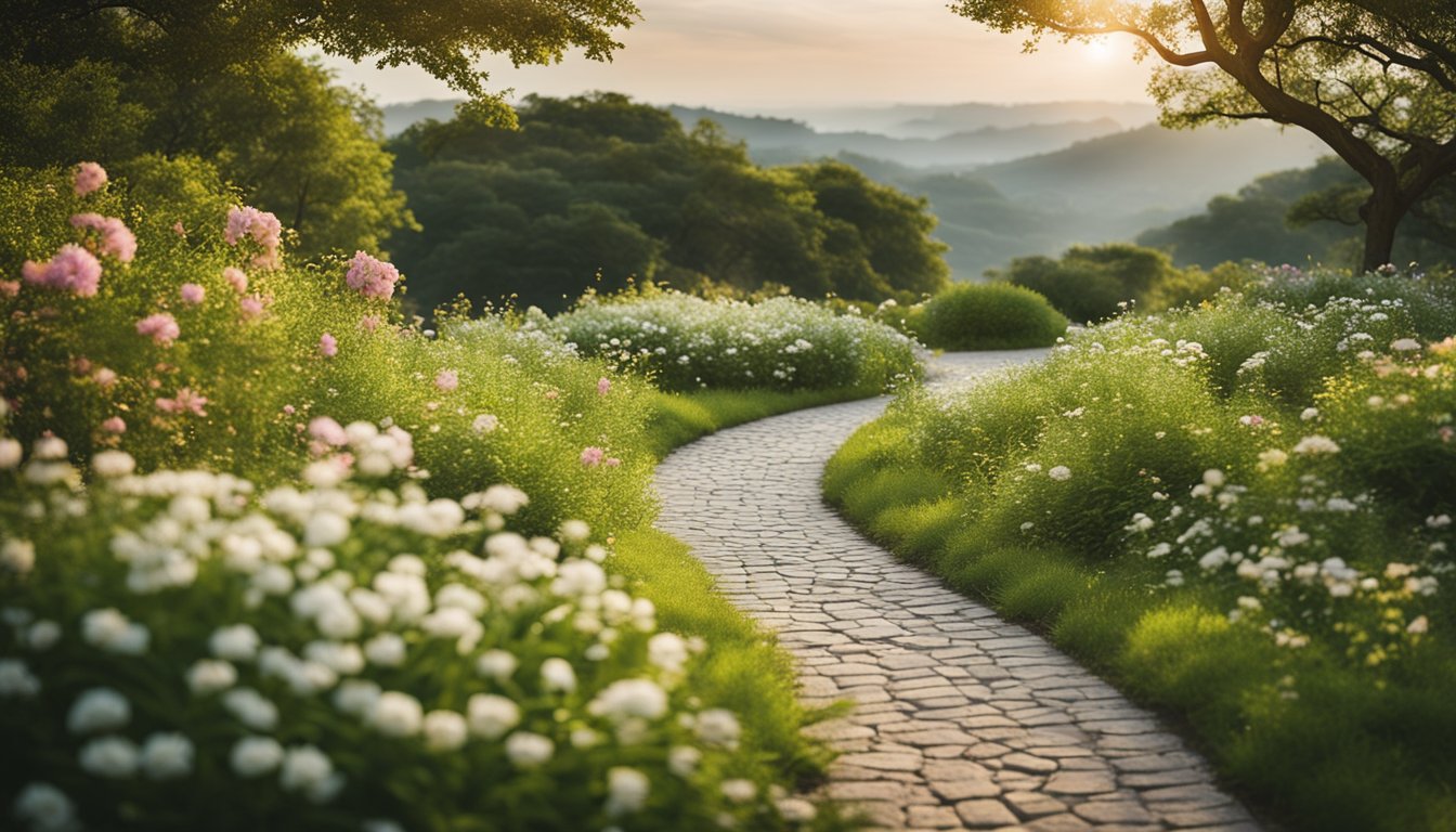 A serene landscape with a winding path leading towards a bright and hopeful horizon, surrounded by lush greenery and blooming flowers