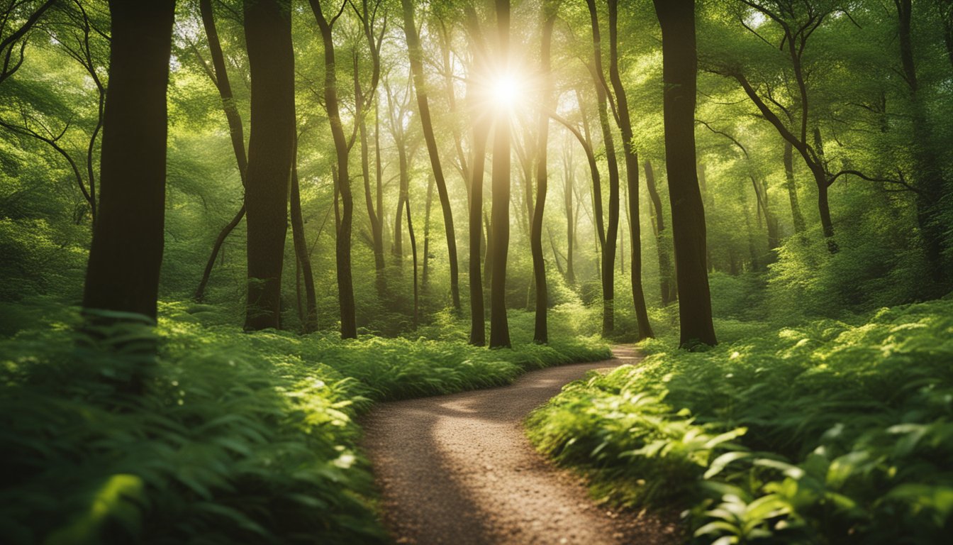 A serene, winding path through a lush forest, with sunlight filtering through the trees and birdsong in the air