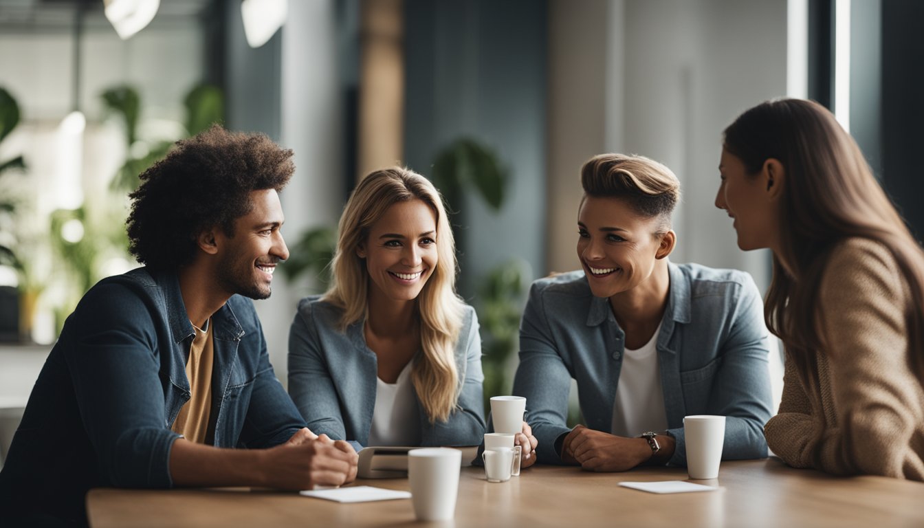 A group of people gathered around a table, discussing addiction recovery strategies and sharing information on the latest trends