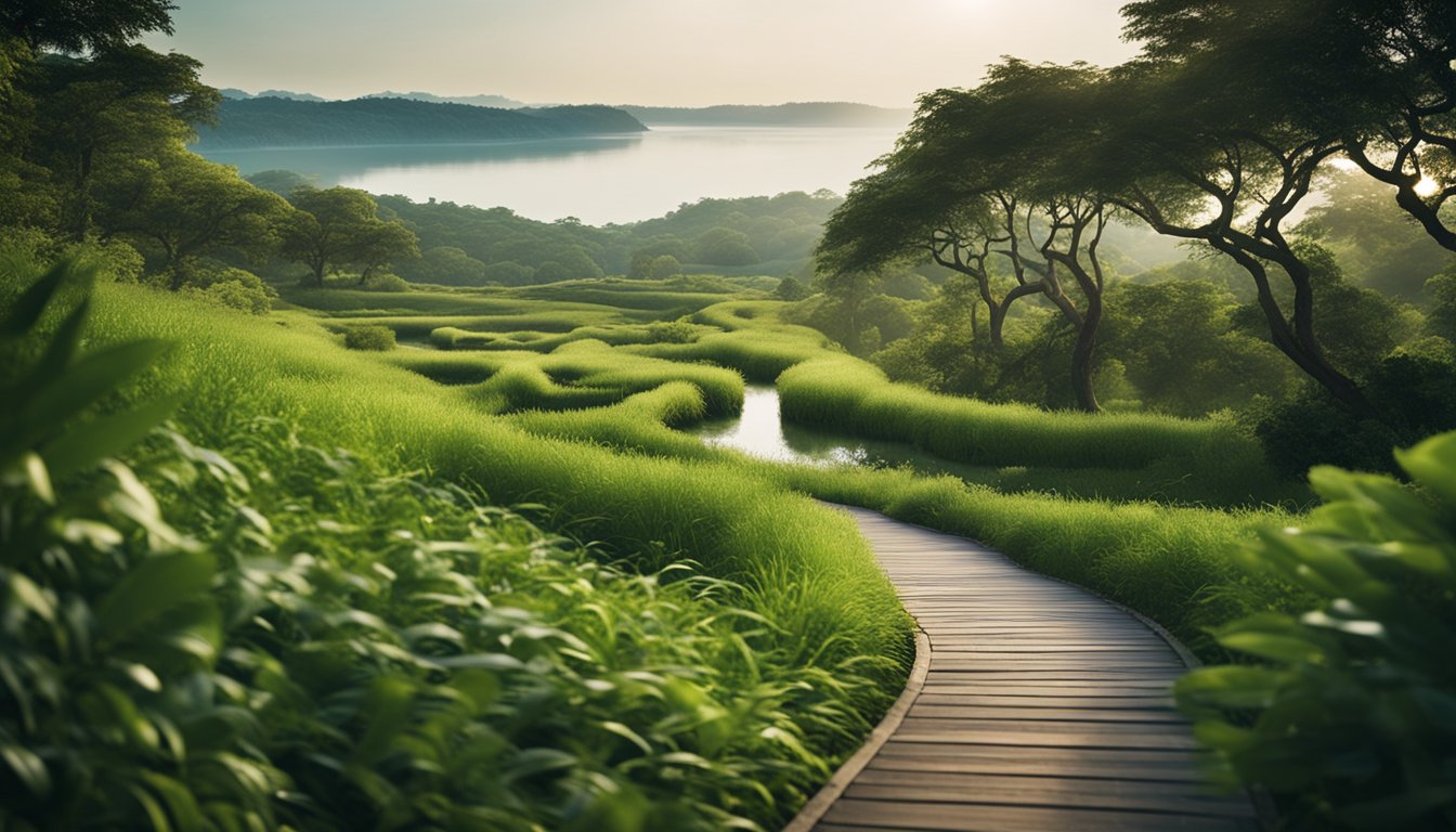 A serene landscape with a winding path leading towards a distant horizon, surrounded by lush greenery and tranquil waters