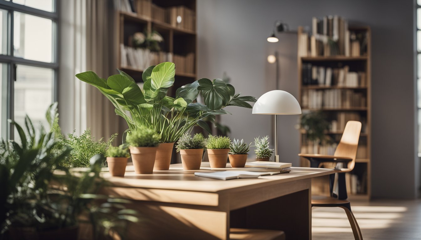 A serene setting with a bookshelf and a desk, surrounded by plants and natural light, evoking a sense of learning and growth