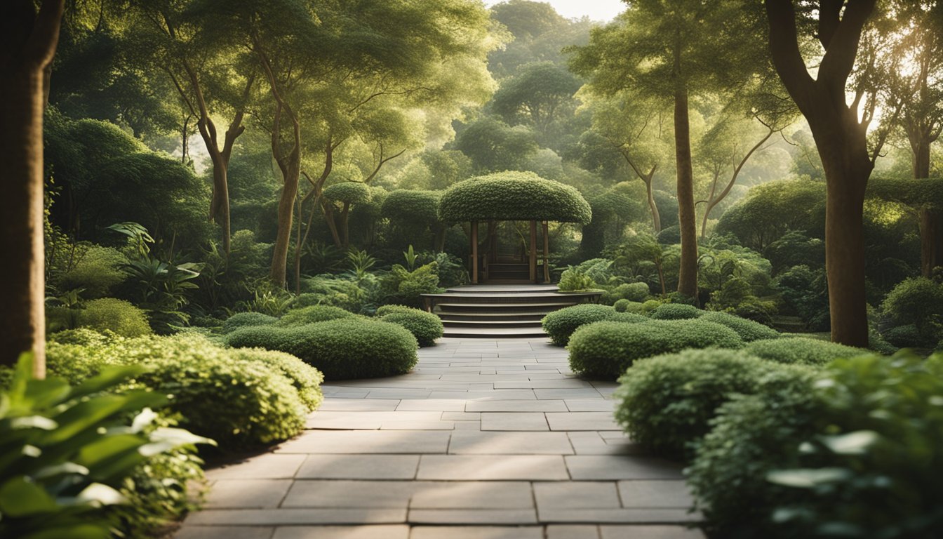 A serene garden with a winding path leading to a tranquil yoga studio nestled among tall trees and lush greenery