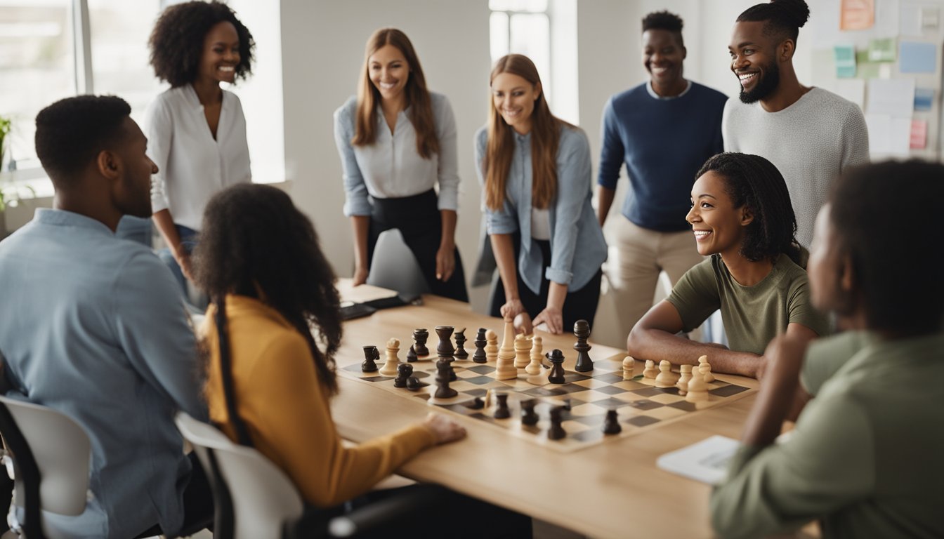 A diverse group of people gather in a supportive community setting, engaging in activities that promote positive mental health. The scene includes various symbols of mental wellness and support networks